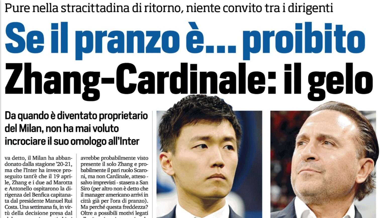 Euroderby Inter-Milan, salta il pranzo Uefa tra Zhang e Cardinale. Il motivo Euroderby Inter Milan Zhang Cardinale