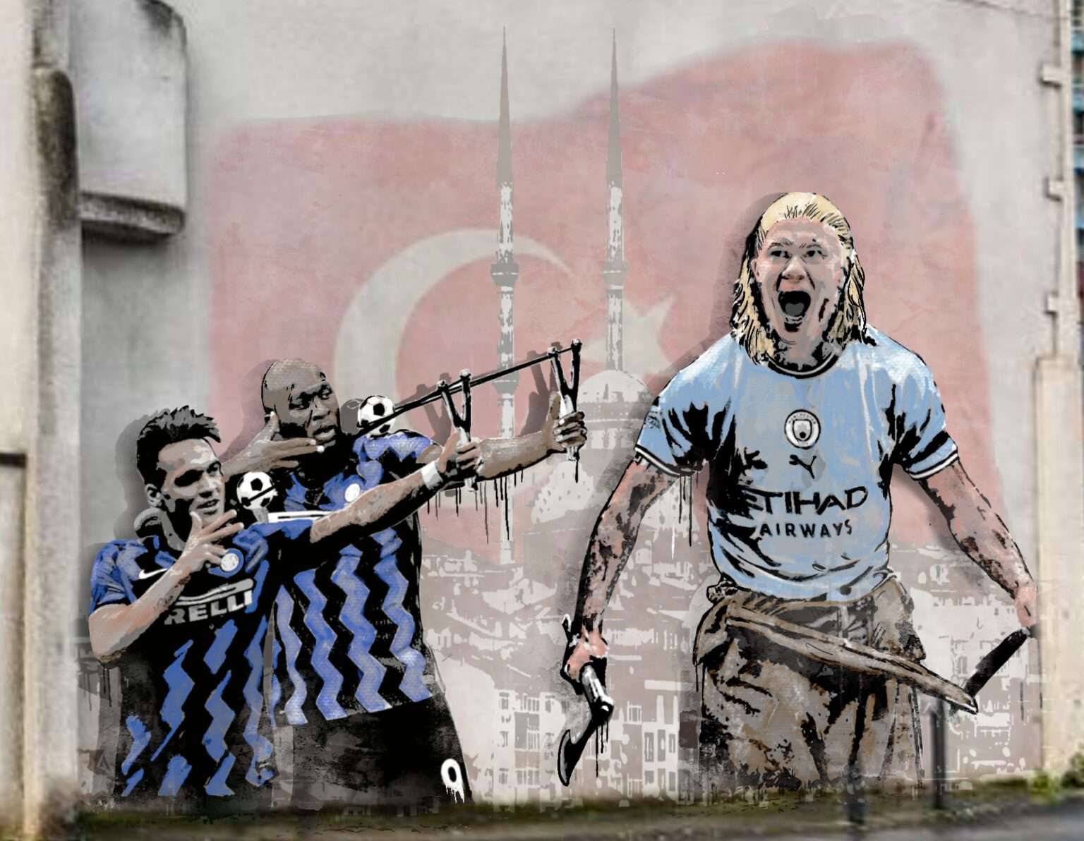 Inter-Manchester City come Davide contro Golia: l’opera di Mr Savethewall Inter Manchester City Mr Savethewall