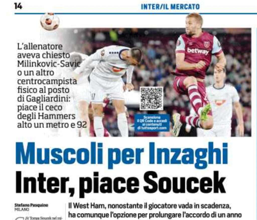 calciomercato inter soucek west ham marotta