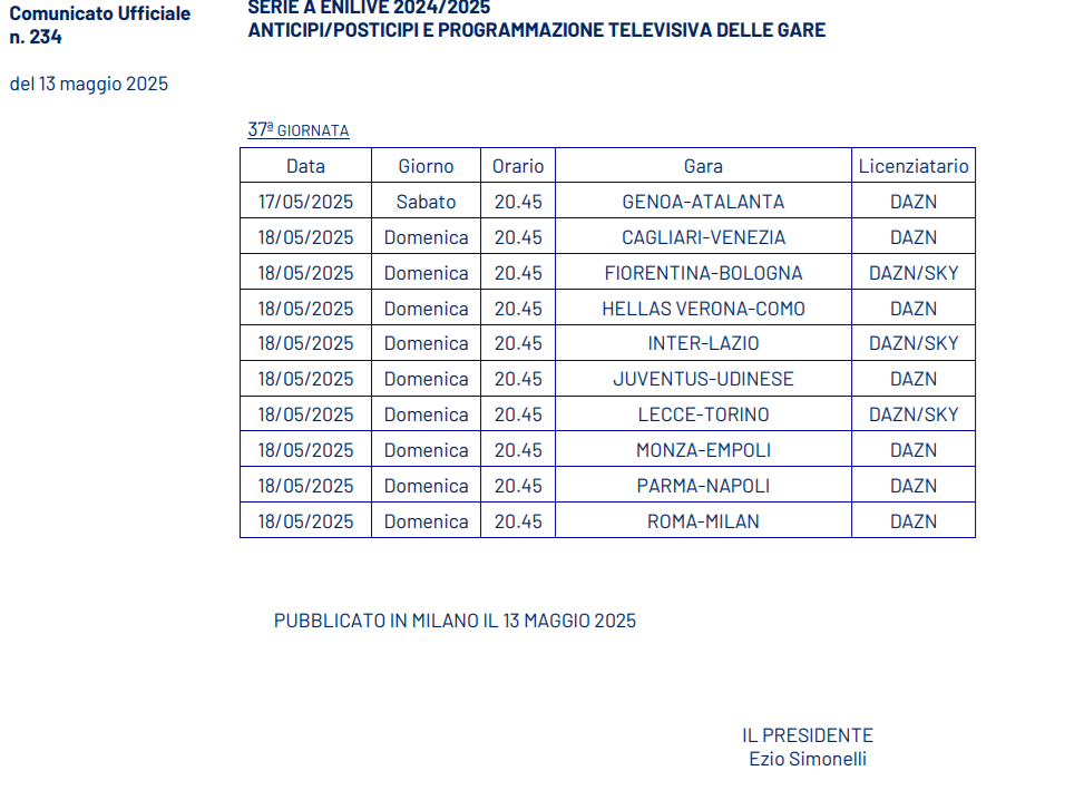 Inter, gli orari della 37a giornata: ecco quando si gioca Inter-Lazio
